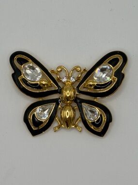 Vintage Trifari Black Enamel and Gold Butterfly Brooch with Clear Crystals